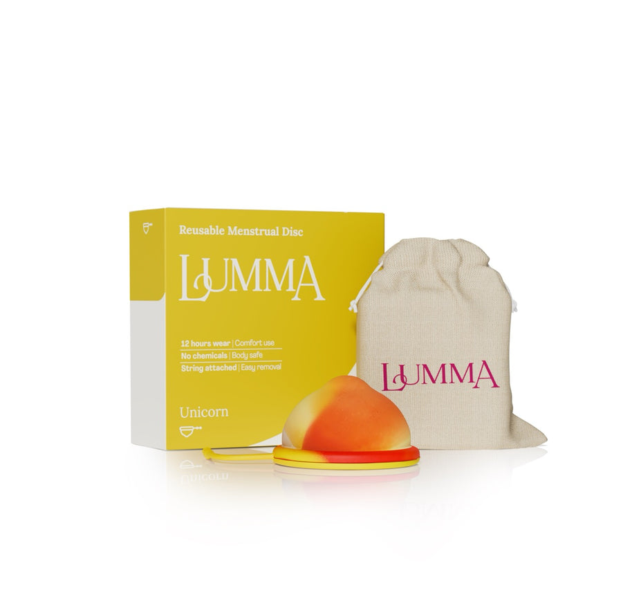 Disco menstrual reutilizável Lumma na cor Unicórnio em nova embalagem