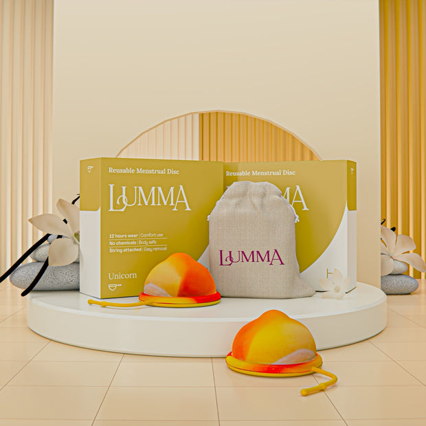 Disco menstrual reutilizável Lumma na cor Unicórnio em nova embalagem